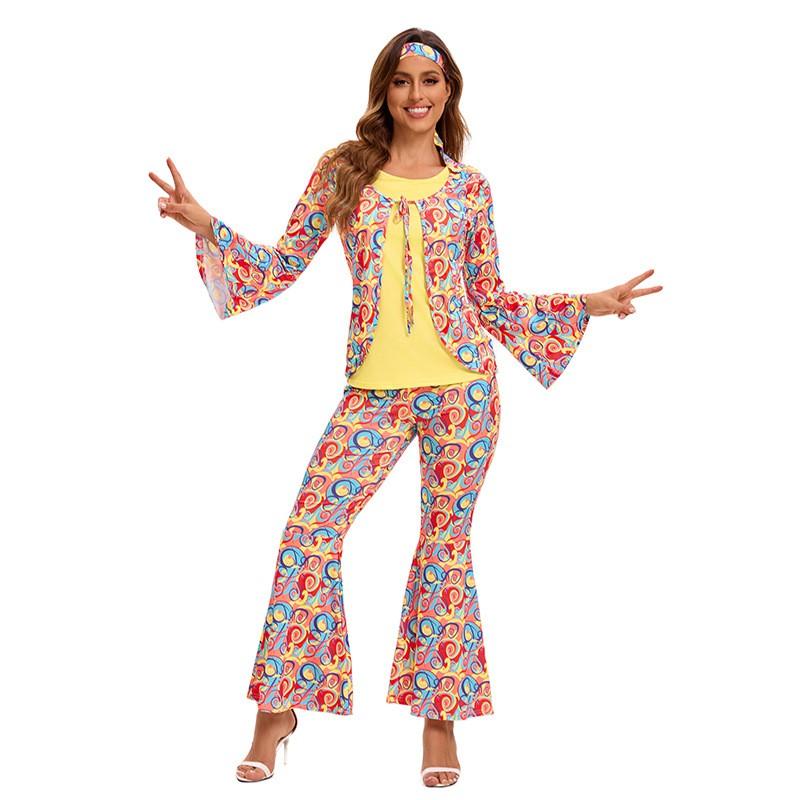 Retro 70s Hippie Costume Men Women Cosplay Party Stage Outfit Set With Headscarf Wig Vest Belt