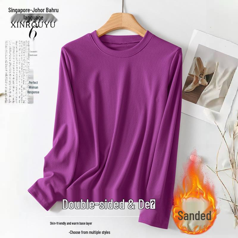 Women's Solid Color Round Neck Fleece T-Shirt - Long-Sleeved and Warm, Perfect for Autumn and Winter Layering.