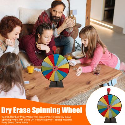 Roda de Prêmios Arco-Íris de 12 Polegadas com Caneta Apagável 15 Espaços Roda Giratória Apagável a Seco com Suporte DIY Roda da Fortuna Roleta de Mesa Adereços de Jogo de Tabuleiro para Festa