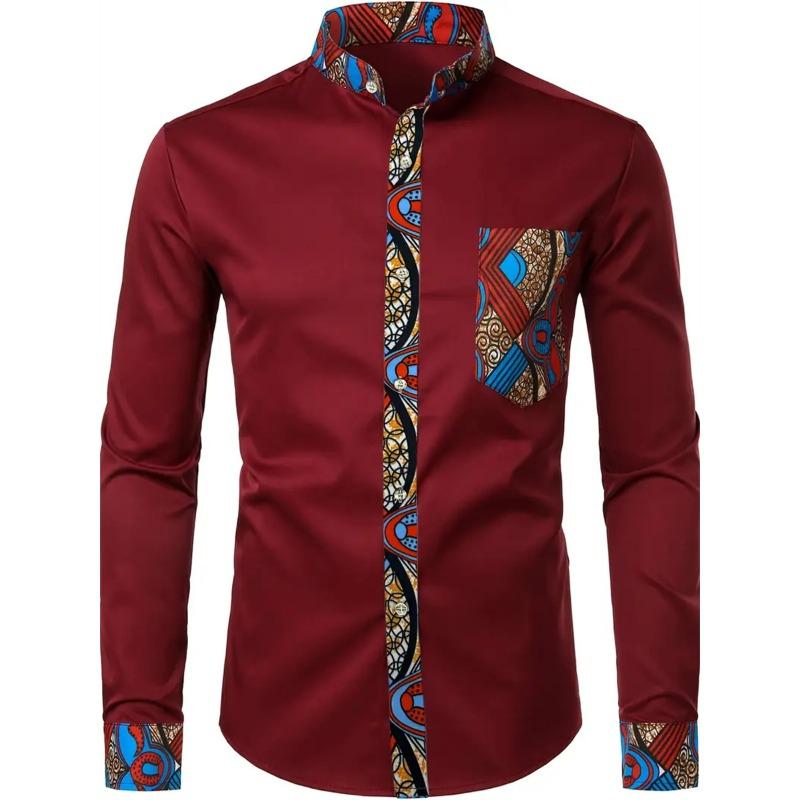 Afrikanisches Herrenhemd Patchwork-Tasche Africaine-Print-Hemd Herren Ankara-Stil Langarm Design-Kragen Herren-Kleidhemd L black