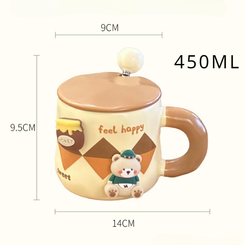 Cute Bear Mug Cartoon Spoon with Lid Ceramic Water Cup High Beauty Hand Gift Coffee Mug