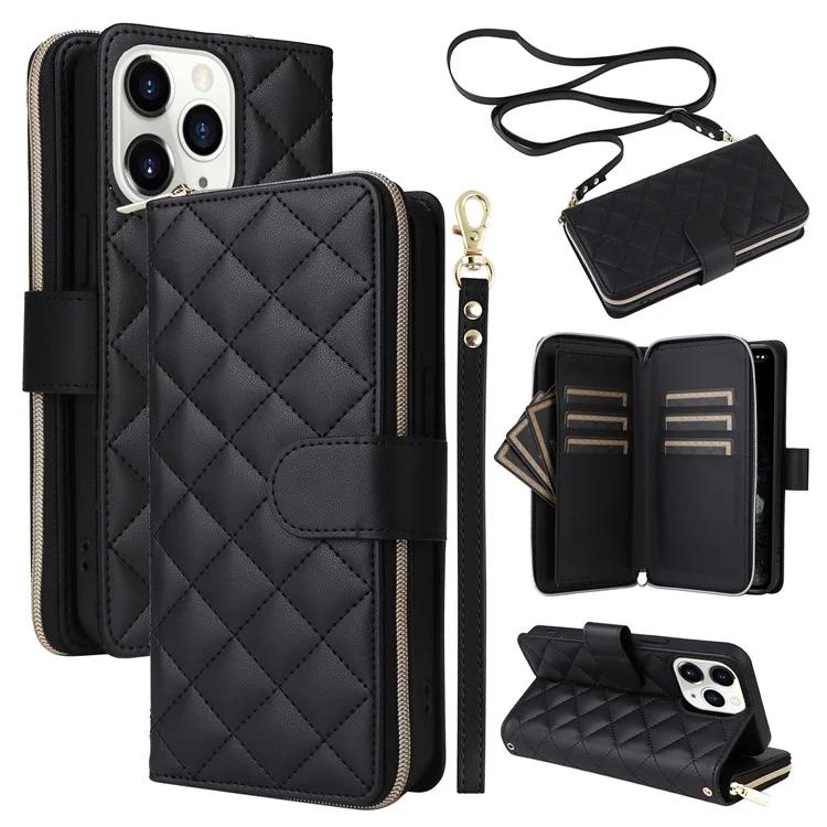 

For iPhone 11 Pro Case Rhombus PU Leather Flip Phone Cover Zipper Wallet
