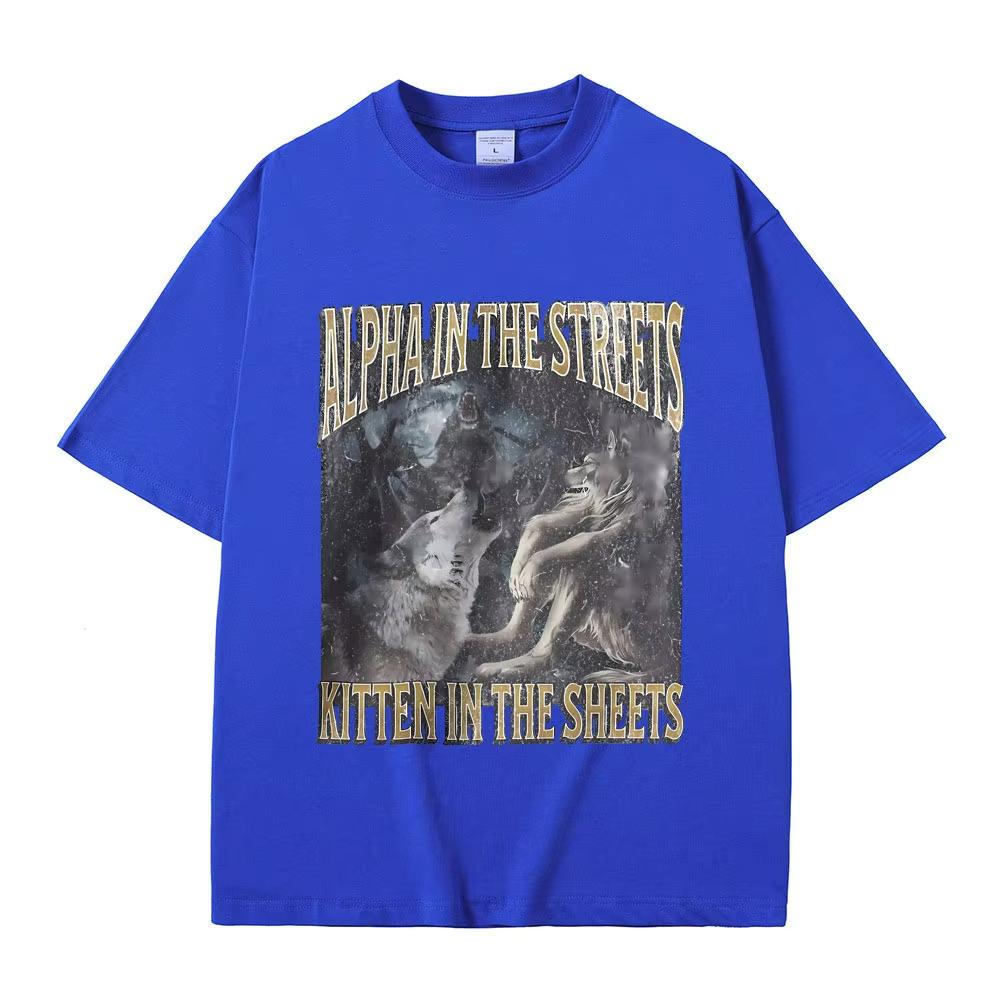 Alpha auf der Straße Kätzchen im Bett Lustiges Werwolf Meme T-Shirt Herren Damen Lässig Übergroß Streetwear Männliche Mode T-Shirt