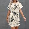Womens Summer Short Dresses O Neck Casual Batwing-Short Sleeve Belted Dress For Women