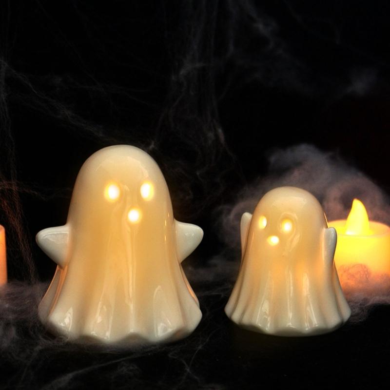 2Pcs Halloween Ceramic Ghostly Figurines With Soft Glows Night Light Handcrafted Holiday Decoration for Bedroom Party Decoration Collectibles