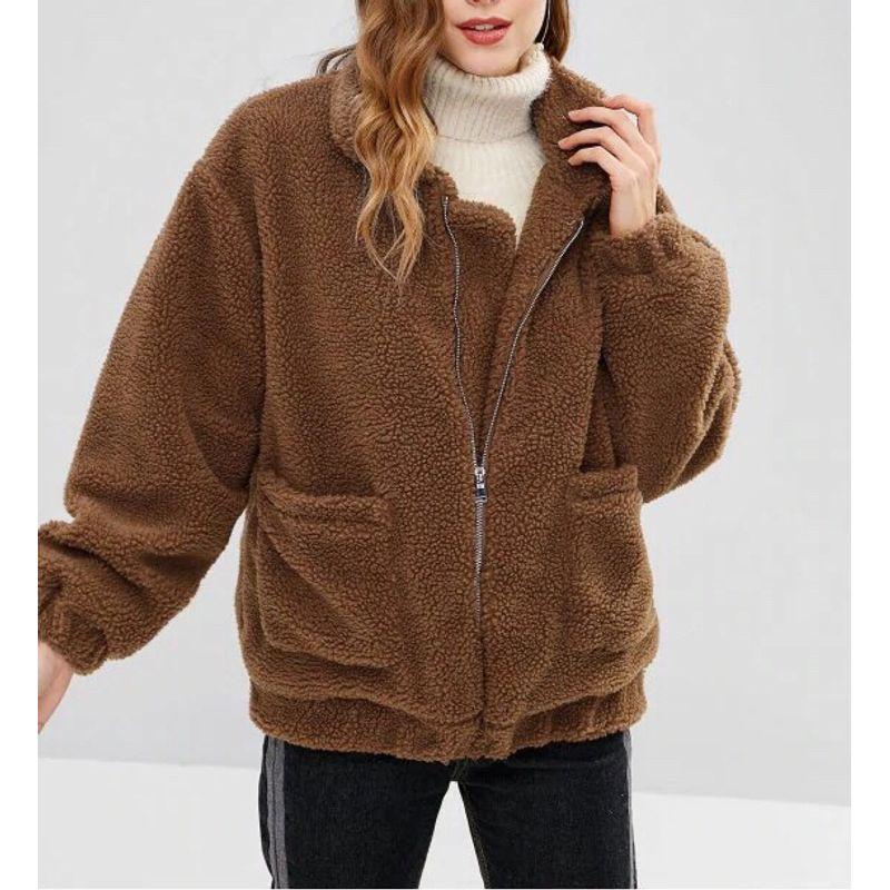 

Зима Новое поступление Мода Европейский и американский стиль Длинные рукава Молния Набивная куртка Верхняя одежда Однотонная Женская одежда Толстовка с карманами Coffee XL