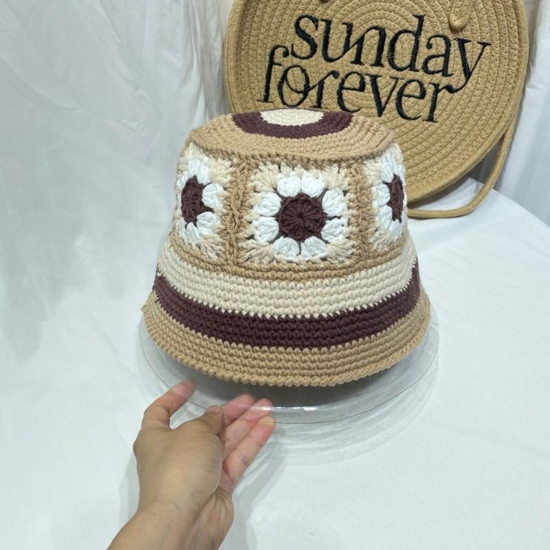 Sweet Girl Crochet Bucket Hat Cute Ladies Fisherman Cap with Flower Pattern Woman Teenagers Casual Summer Sunproof Hat