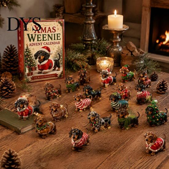 Decorazioni Festive per la Casa 2026 Calendario dell'Avvento Bassotto, 24 Giorni Sorprese Collezionabili Cane con Ornamenti da Appendere per Albero di Natale Cucciolo Figure Acriliche
