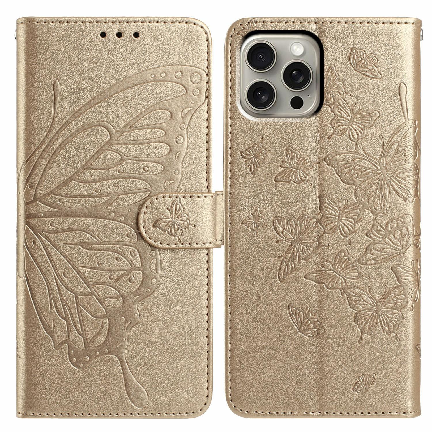 

For iPhone 15 Pro Max Case Butterfly Imprinted Wallet Stand PU Leather Flip Phone Cover with Strap Gold
