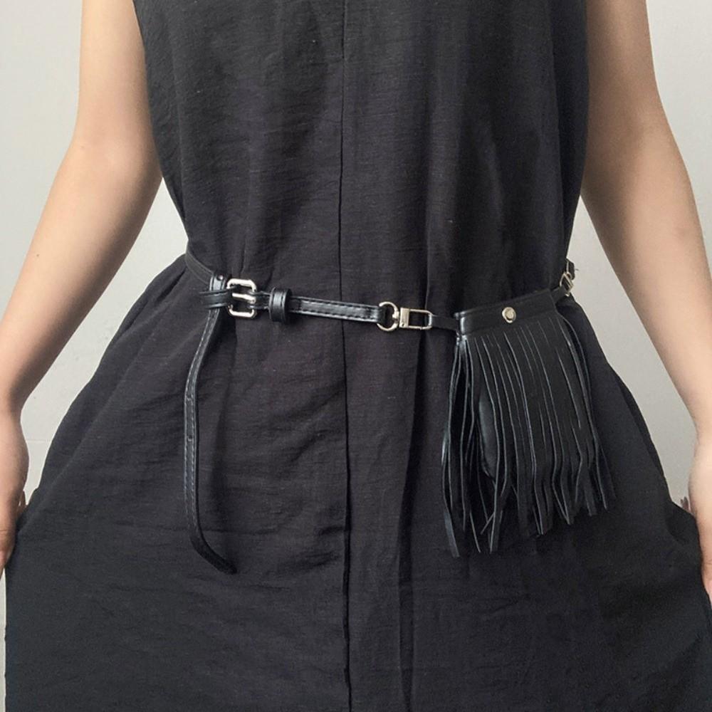PU Leather Waistband with Bag Zinc Zinc Alloy Pocket Belts Waist Bag Tassel Belt  Streetwear