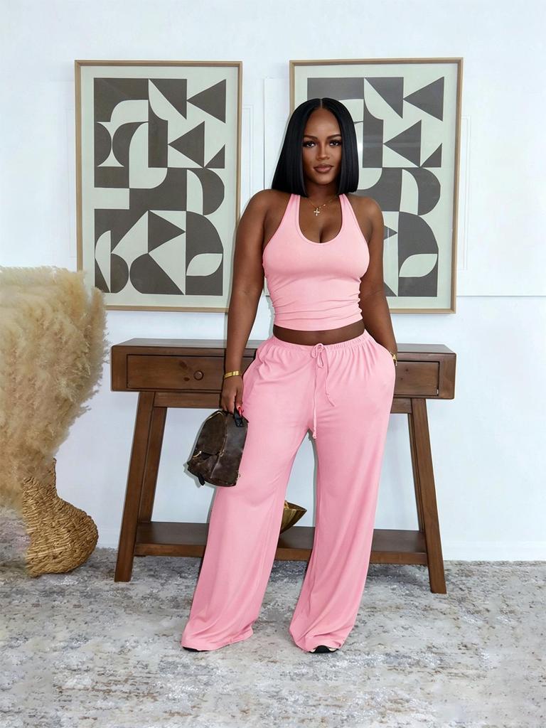 Women's Summer Solid Color Halter Top with High-Waisted Pocket Wide-Leg Pants