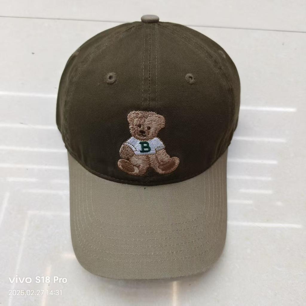 New Color blocking Bear Embroidered Baseball Cap Korean Sweet and Cute Versatile Baseball Cap Big Head Circumference Wide Brim Showing Small Face