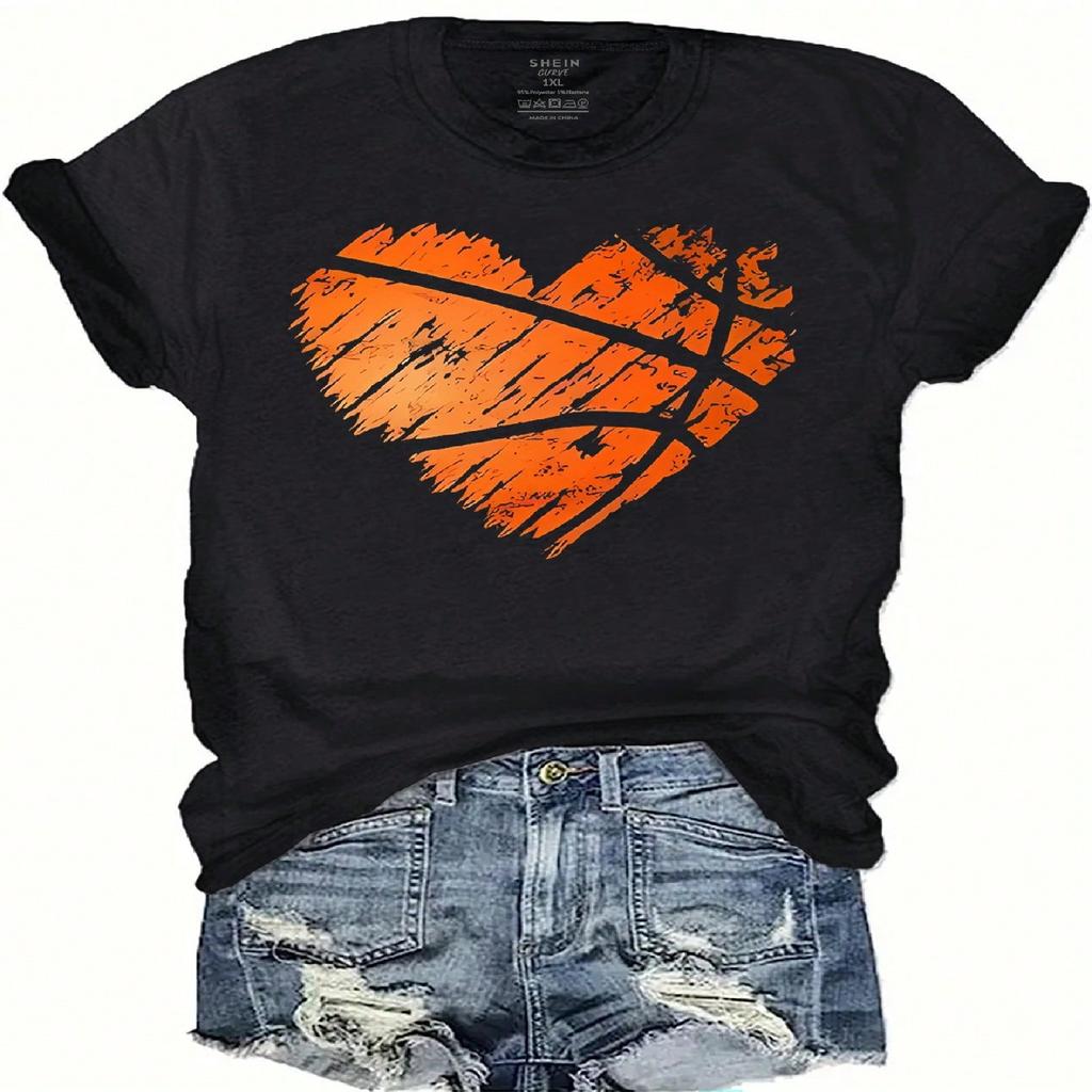 INAWLY Heart Print Round Neck Short Sleeve T-Shirt Graphic Tees Women Tops