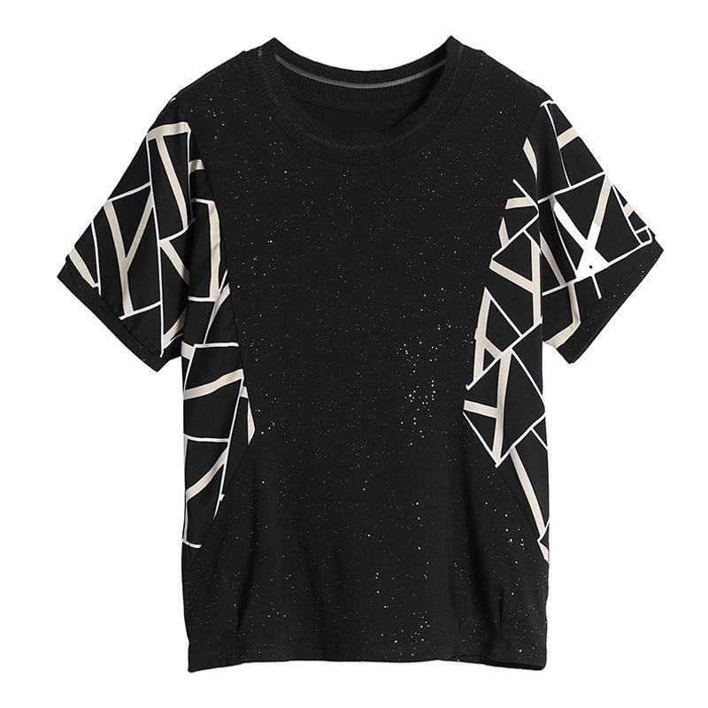 Women's Clothing Summer Short Sleeve Sequined Geometric Printing Crew Neck Pullover T-shirt Casual Fashion Elegant Trendy Tops