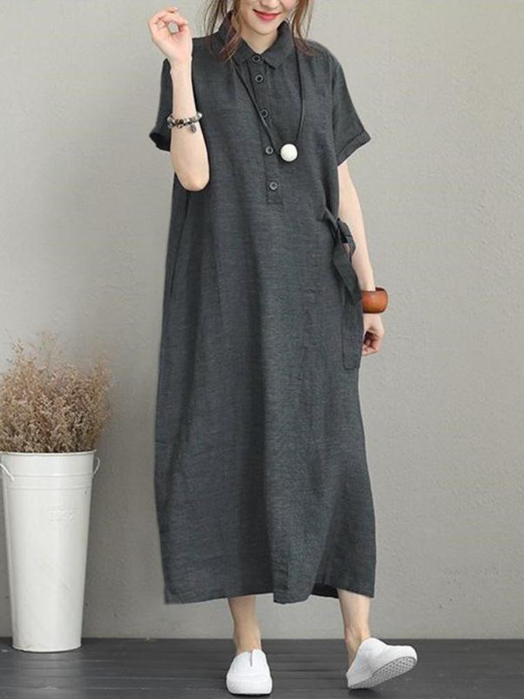 POLO Collar Cotton Linen Short Sleeved Loose Pocket Temperament Women's Casual Dress Black Summer Dress Women White Dress