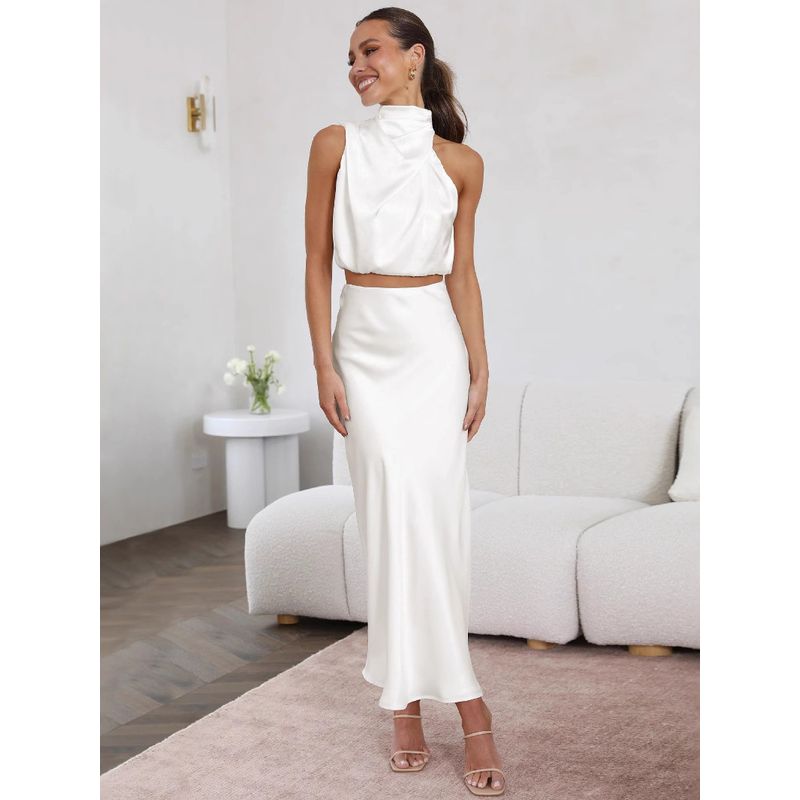 Solid Color Sleeveless Pleated Skirt Set Pure Color Sleeveless Pleated Skirt Suit Women