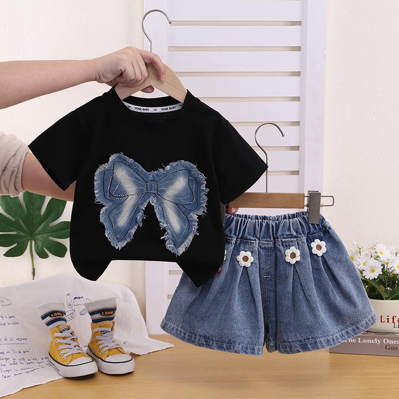 Girls Summer Denim Two Piece Set Bow Tie T Shirt And Shorts Outfit Casual Clothes For Kindergarten Kids