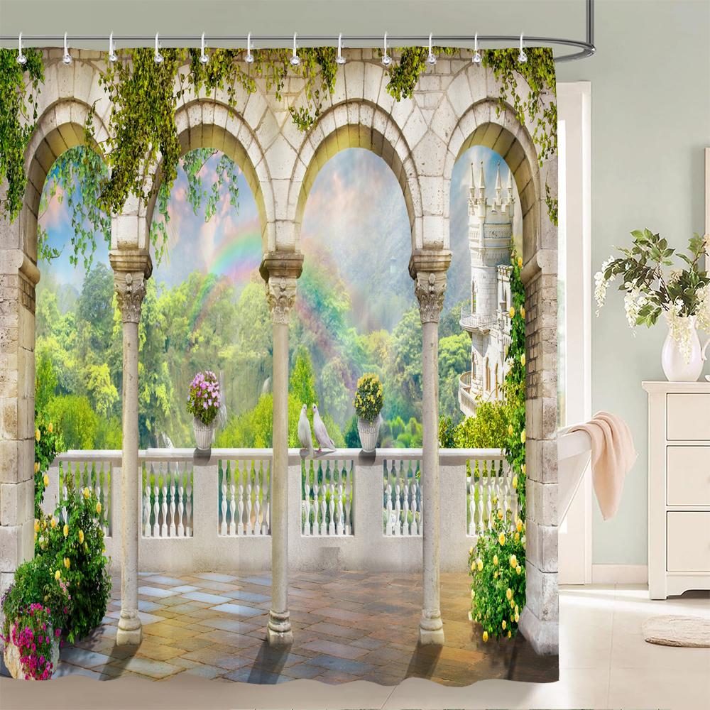 European Garden Patio Landscape Shower Curtains Beach Flowers Bathroom Curtain for Bathroom Polyester Waterproof Shower Curtain