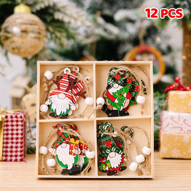9/12PCS Wooden Christmas Decorations Set - Pure Wood Pendants Xmas Tree Ornaments