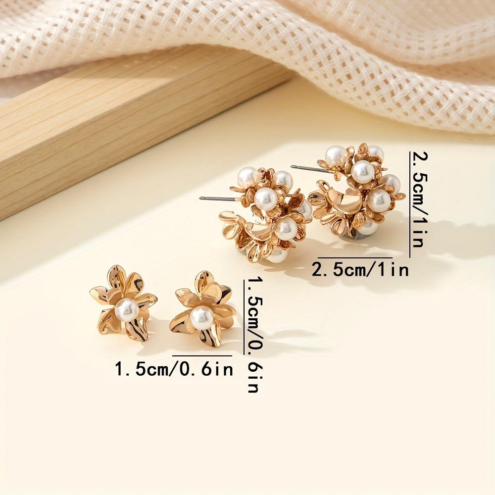 1 Set of 2 Pairs of New Personalized Flower Micro-set Pearl Earrings, Niche Design Geometric C-shaped Stud Earrings