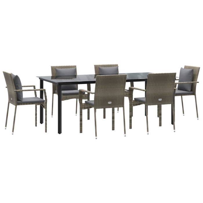 VidaXL Ensemble à manger jardin et coussins 7 pcs Noir et gris Rotin, ensemble de salle à manger, ensemble de salle à manger 3185117