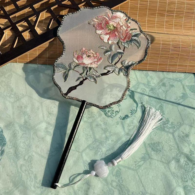 Chinese Style Hanfu Ancient Fan Dance Shooting Long Handled Embroidered Classical Double Sided Fan Female Decorative Fan