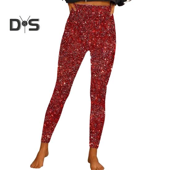 

Женские брюки-карандаш с высокой талией, блестящие длинные брюки из эластичной ткани, блестящие леггинсы с пайетками, повседневная одежда XXL красный