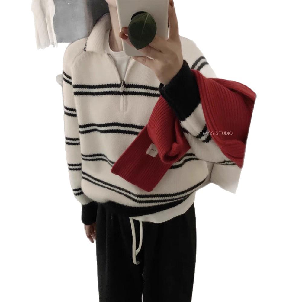 Korean-Style Striped Polo Collar Loose Thick Top for Autumn/Winter Women
