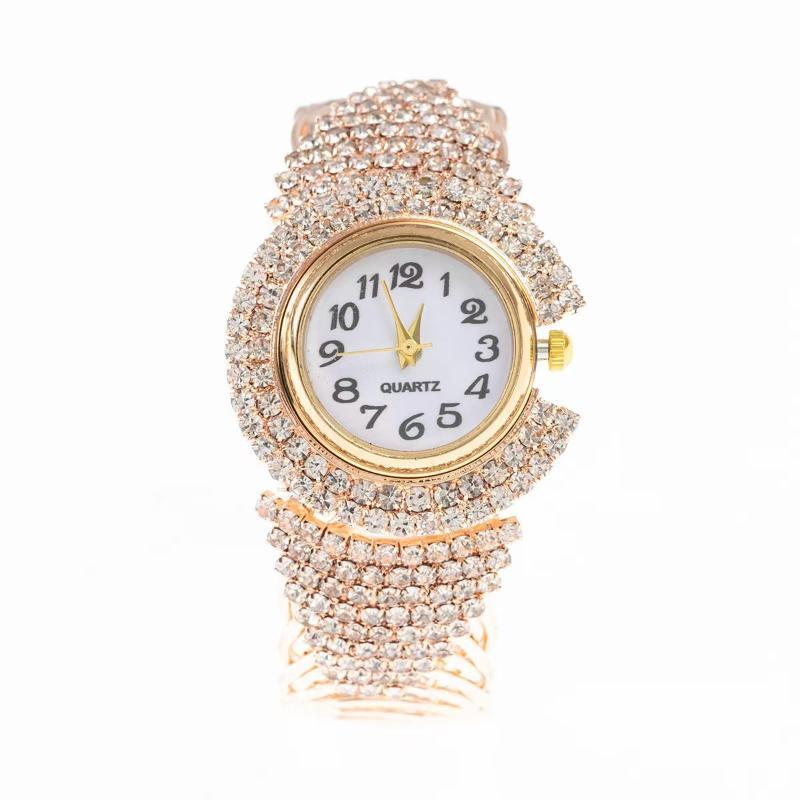 Women Elegant Bling Rhinestone Bangle Wrist Watch Metal Strap Quartz Analog Timepiece for Bridal Shower Gift Date Wear