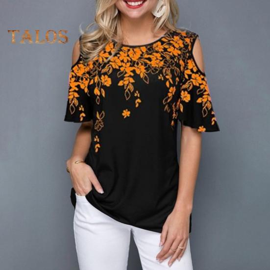 Damen T-Shirt Rundhalsausschnitt Kalte Schulter Kurzarm T-Shirt Lockere Passform Blumendruck Lässiges T-Shirt Für Den Alltag