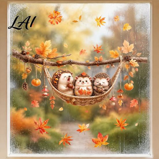 Autumn Window Clings 2Pcs Fall Maple Leaves Animals Static Stickers Squirrel/Hedgehog/Rabbit/Raccoon Glass Home Ornament PVC Waterproof for