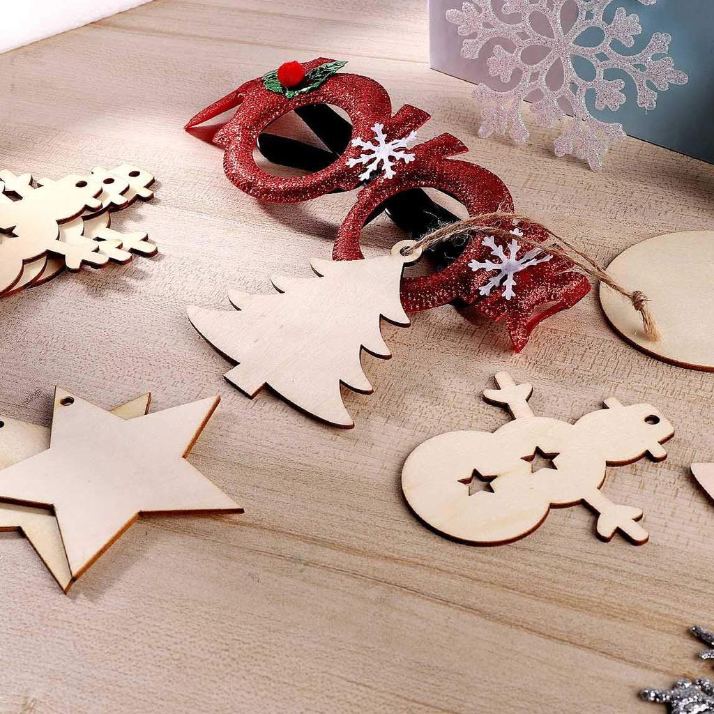 40pcs DIY Wooden Christmas Ornaments Blank Paintable Wood Chips for Christmas Tree with 10m Hemp Rope Crafts Decoration
