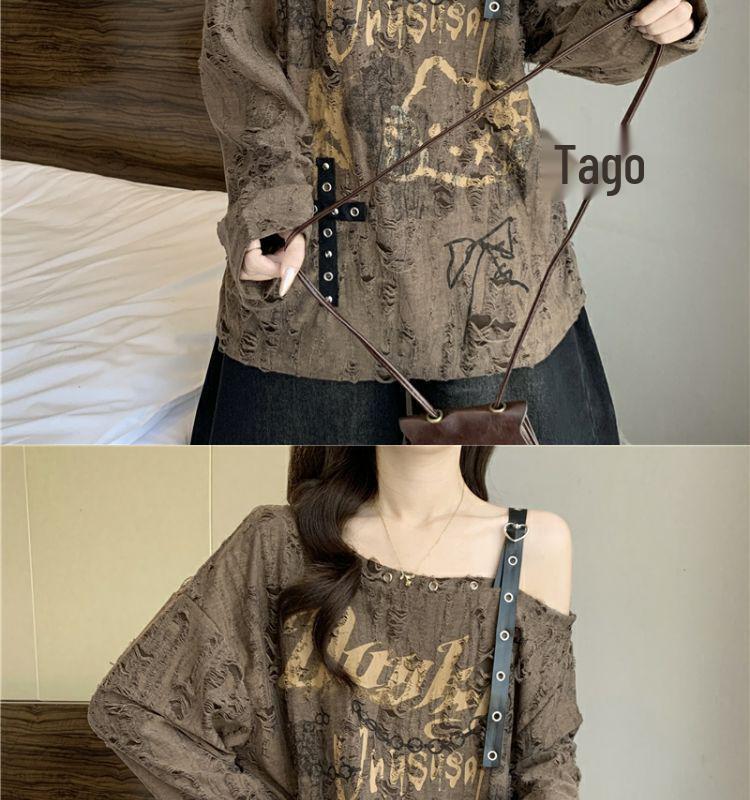 Asymetryczny, podarty T-shirt Plus Size z odkrytymi ramionami: Wyszczuplający top z długim rękawem na wiosnę/jesień