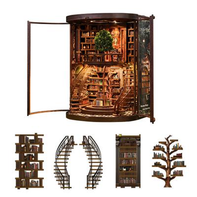DIY Book House Kit with LED Light Handmade Vintage 3D Wooden Puzzle Bookstore Miniature