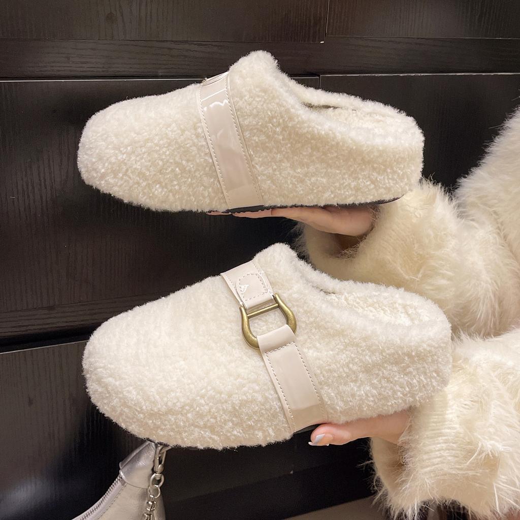 Internet Celebrities Popular White Flat Bottom Fluffy Slippers Women's 2025 New Autumn and Winter Outer Wear Heightened Soft Bottom Cotton Slippers