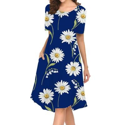 Elegante T-Shirt-Kleider mit Rundhalsausschnitt für Damen, Frühling/Sommer, 3D-Blumendruck, trendige Strand-Sommerkleider, knielange Kleider für Damen