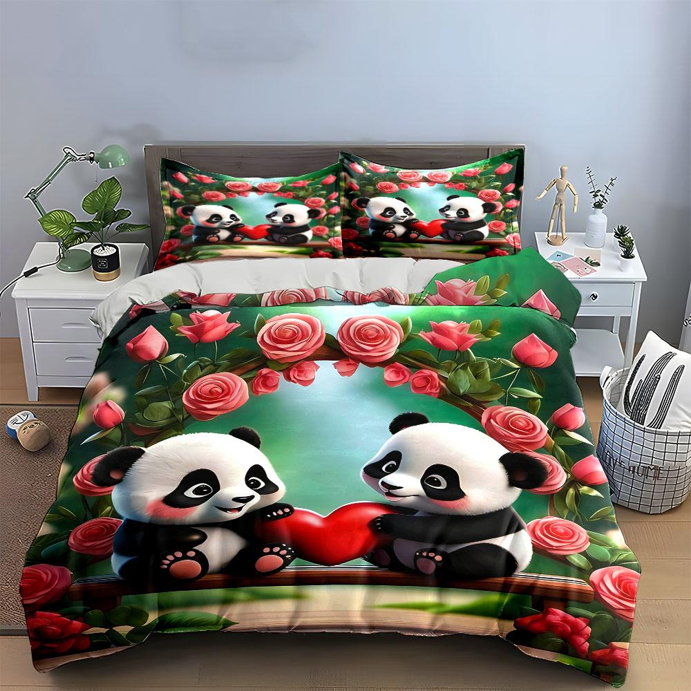 Romantic Panda Gift Set Decor Soft Comfortable Duvet Cover Bedding Set Included 1*Duvet Cover & 2*Pillowcases, Gift