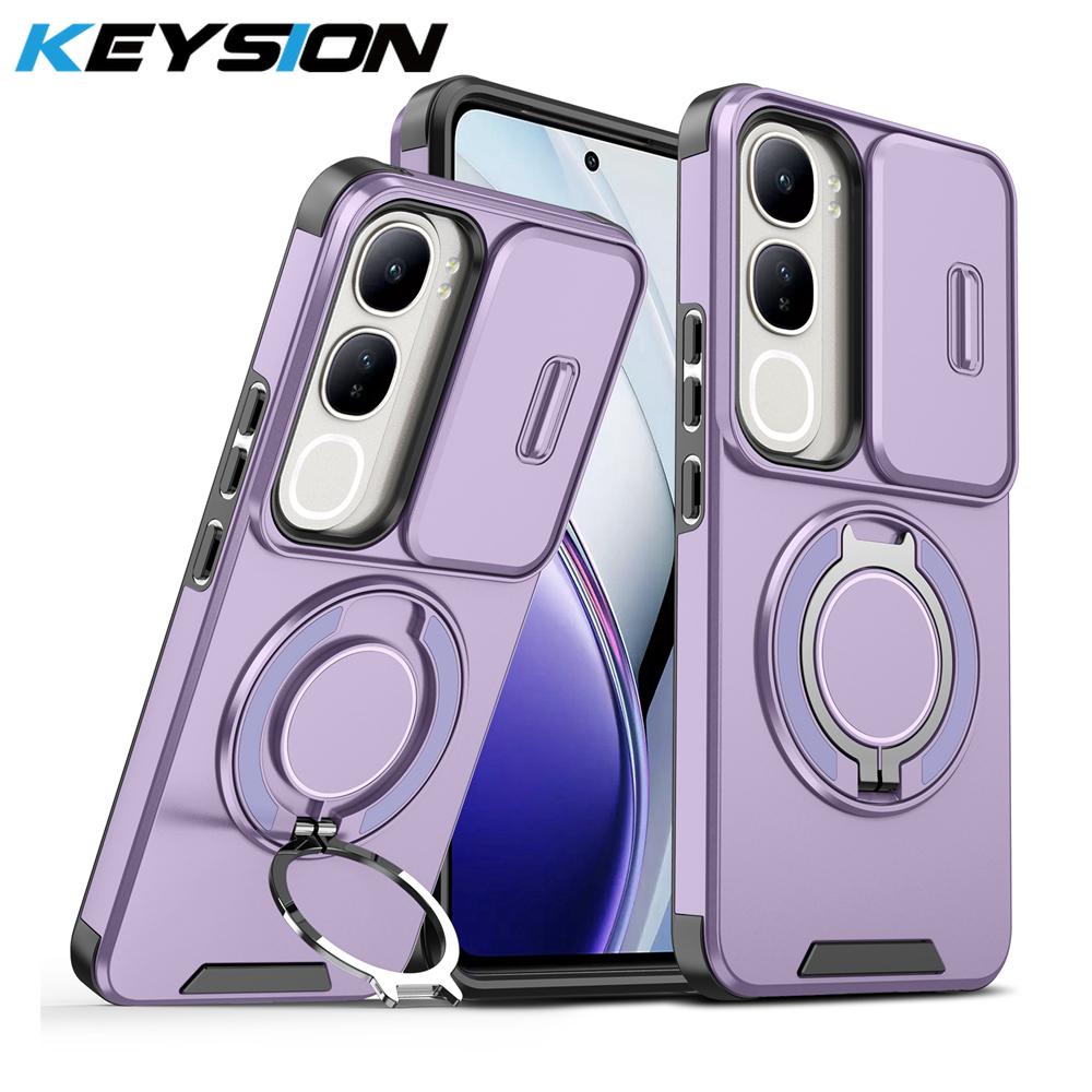 KEYSION 360° Ring Stand Phone Case for VIVO V40 SE 80W V40 Lite Slide Camera Protection Magnetic Shockproof Cover for VIVO Y200 5G