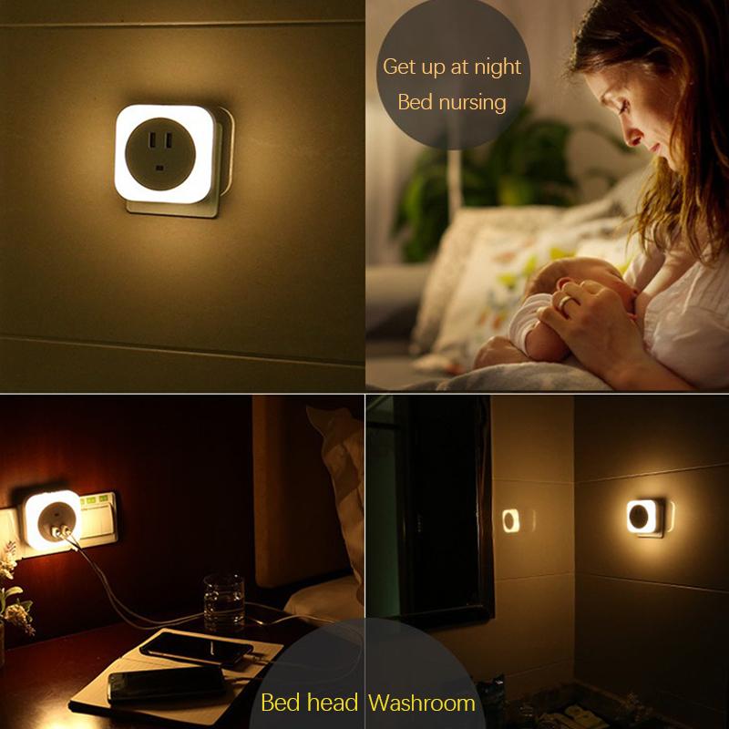 LED Night Light Dual USB Charging Plug Sensing Socket EU/US Eye Protection For Home Bed Interior Bedroom Decoration Night Llight