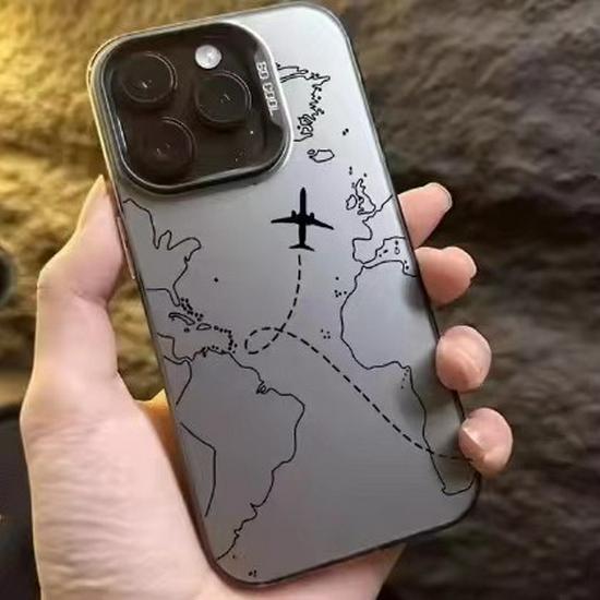 Cross-Border Trendy Silver Phone Case for Apple 17 Pro Max, 16 Pro, 15 - Personalized Anti-Drop with Airplane Line Drawing Design.