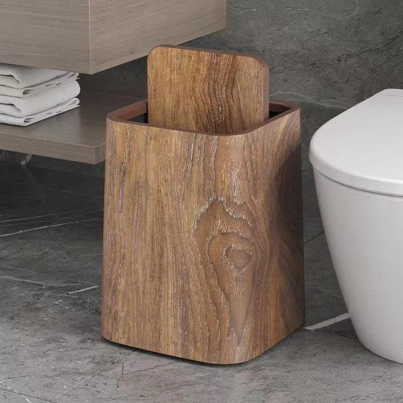 Retro Style Faux Wood Grain Large Capacity Trash Can for Home and Hotel Use