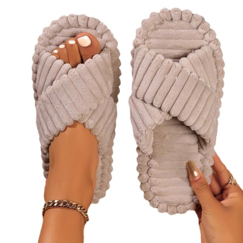 Open women's autumn and winter indoor and outdoor thick-soled warm plush shoes one-word open cotton slippers women's foam