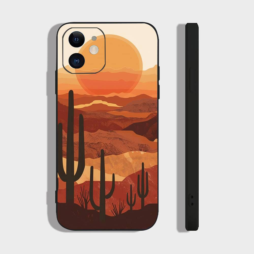 

Cactus Sunset Cartoon Phone Case For IPhone 17 Air 16 15 14 13 Pro Max 11 12 Black Silicone Cover IPHONE 16PRO