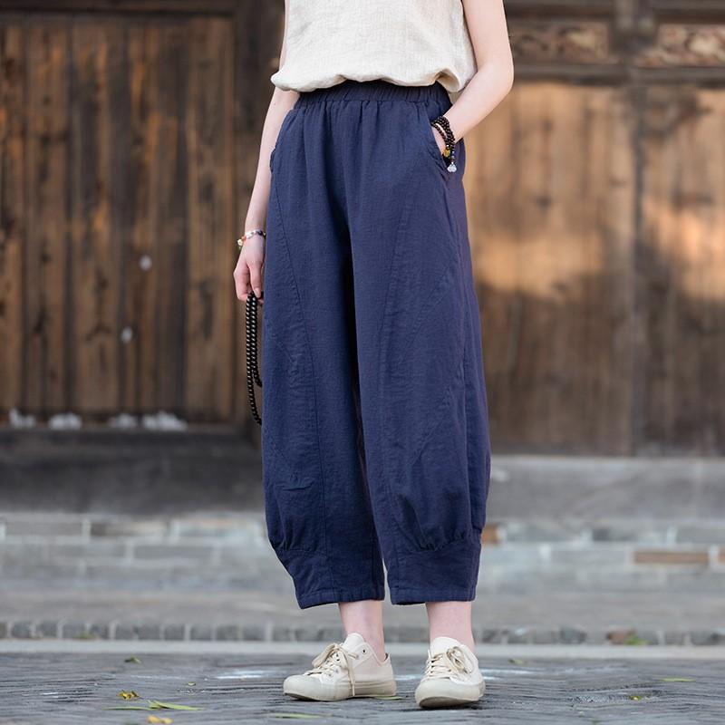 

Johnature Women Vintage Solid Color Pants Elastic Waist Patchwork Pockets Summer Trousers Bloomers Pants One Size темно-синього кольору