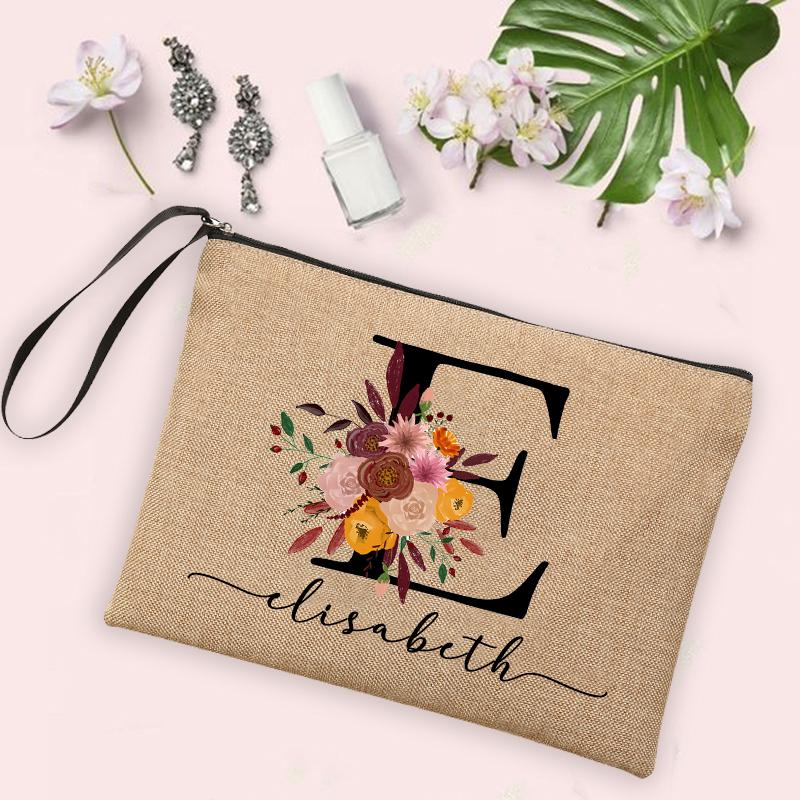 Personalised Initial Custom Name Cosmetic Bag Bridesmaid Makeup Bags Linen Pouch Travel Neceser Toiletry Organizer Wedding Gifts