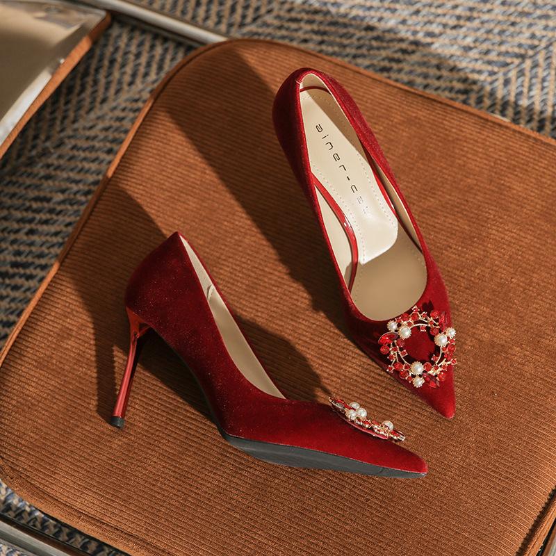 

813-12 High heels women s 2025 new show clothes rhinestone pearl wedding shoes pointed head shallow mouth stiletto single shoes 39