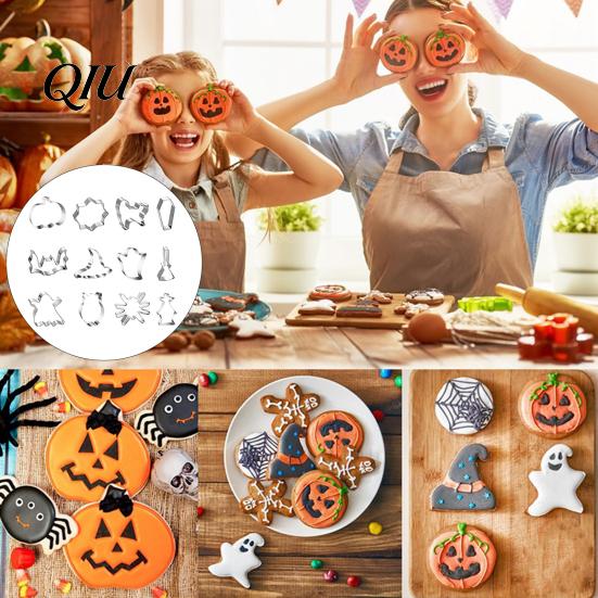 Halloween Baking Molds 12Pcs Cookie Cutter Set, Stainless Steel Biscuit Molds, DIY Pumpkin Spider Web Ghost Black Cat Bat Tool for Party,