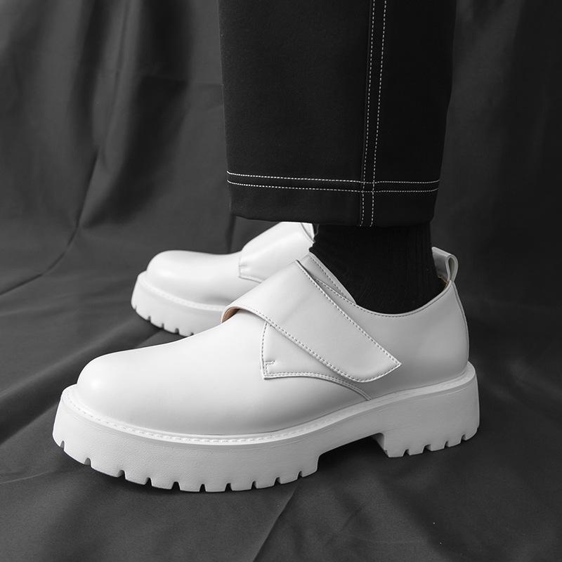 

Белые короткие ботинки, ленивые однопедальные на толстой подошве, на внутренней платформе, кожаные туфли с большим носком, мужские лоферы, весенние с круглым носком. 46