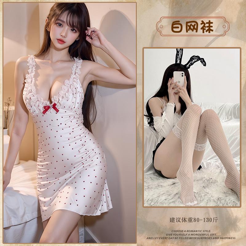 Sexy lace suspender nightdress French love polka dot bow pure lust girl sex pajamas