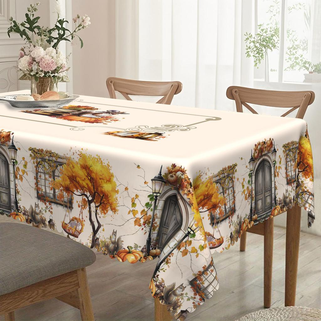 Mori Tablecloth, Autumn Squirrel Pumpkin Pastoral Print, Waterproof And Oil-Proof Round And Rectangular Tablecloth